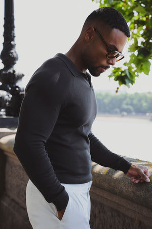 Pure Cotton Knitted Open Collar Polo Shirt in Chocolate