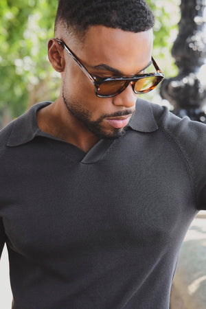 Pure Cotton Knitted Open Collar Polo Shirt in Chocolate
