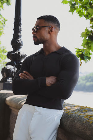 Pure Cotton Knitted Open Collar Polo Shirt in Chocolate