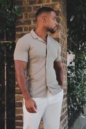 Stripe Patterned Cuban Collar Shirt in Dark Putty