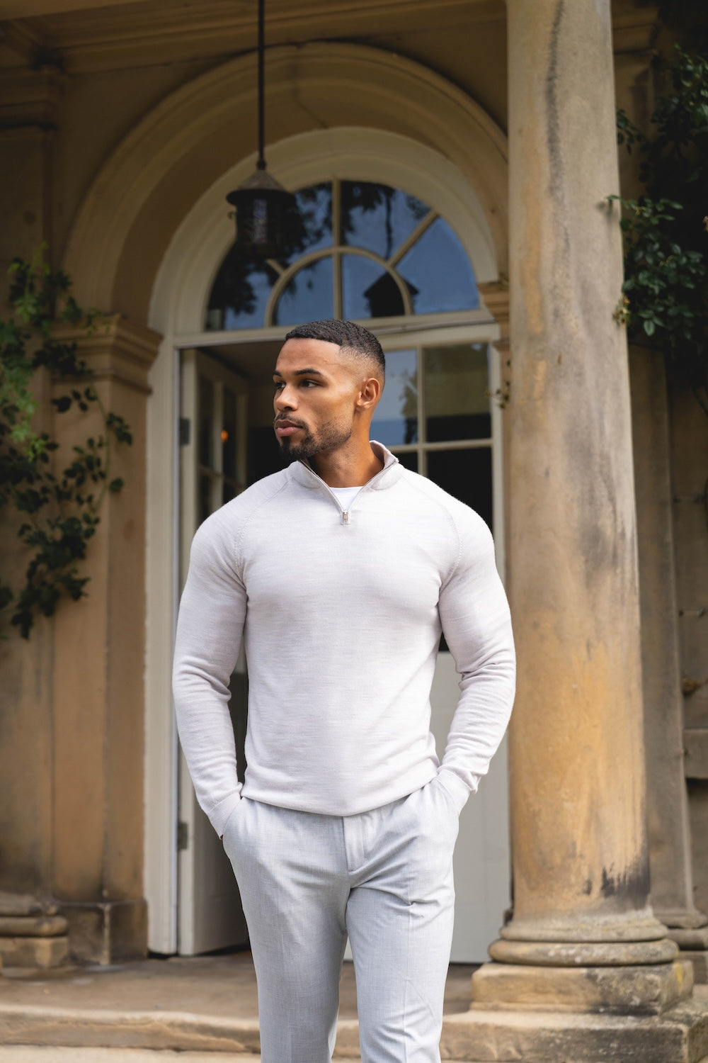 Extra Fine Merino Wool Half Zip Neck Jumper in Silver Grey Marl