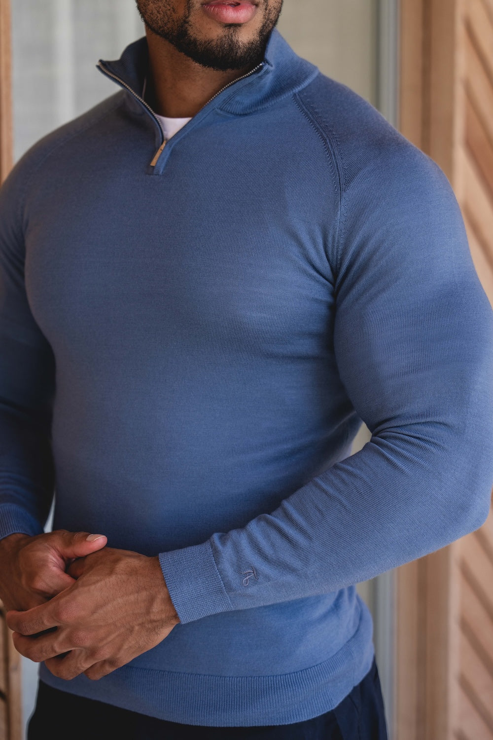 Extra Fine Merino Wool Half Zip Neck Jumper in Airforce Blue