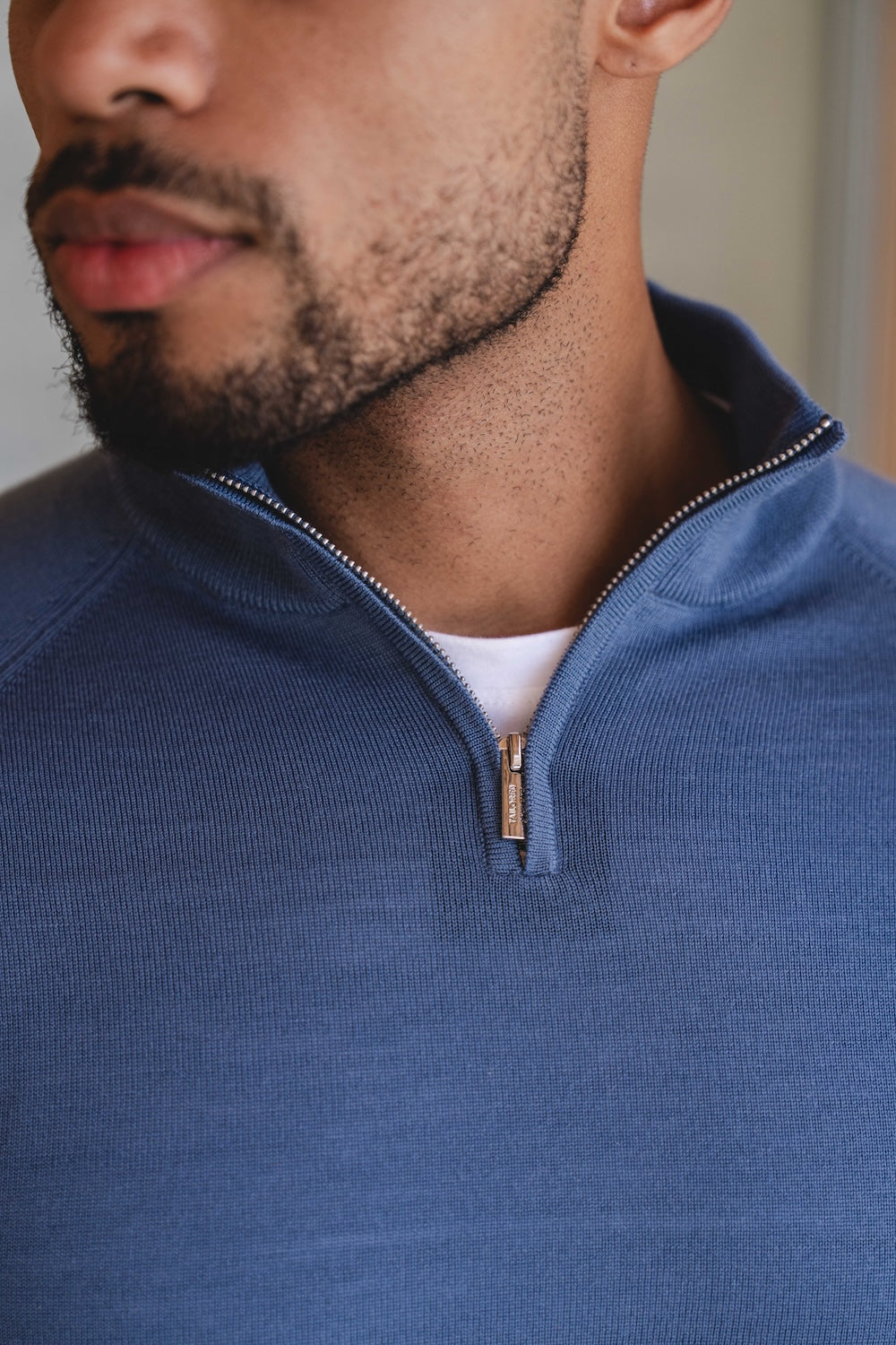 Extra Fine Merino Wool Half Zip Neck Jumper in Airforce Blue
