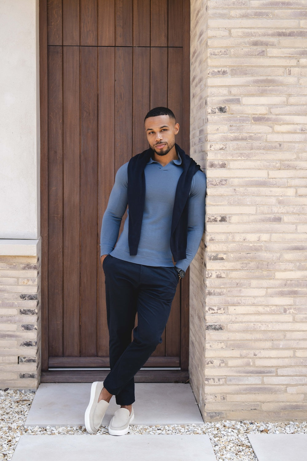 Extra Fine Merino Wool Open Collar Polo Shirt in Airforce Blue