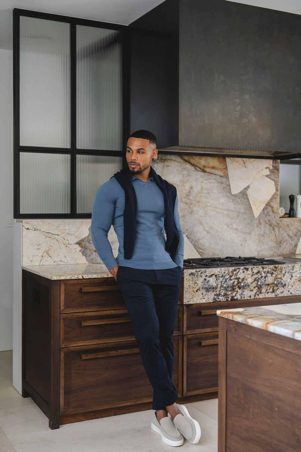 Extra Fine Merino Wool Open Collar Polo Shirt in Airforce Blue