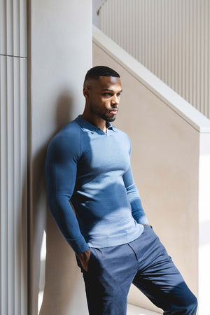 Extra Fine Merino Wool Open Collar Polo Shirt in Airforce Blue