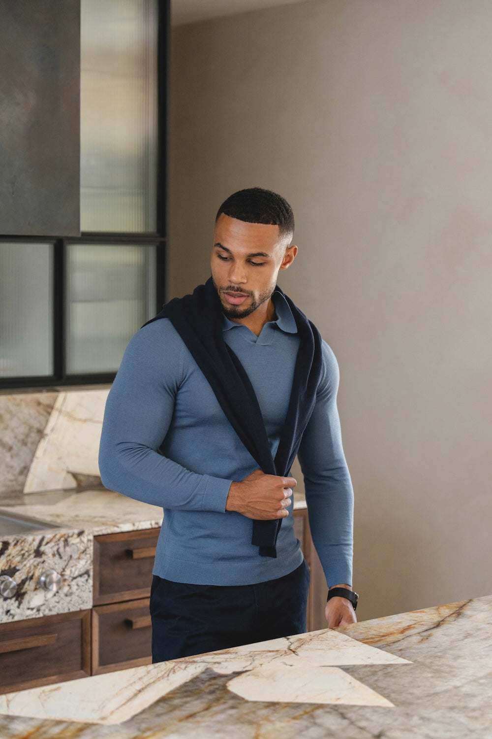 Extra Fine Merino Wool Open Collar Polo Shirt in Airforce Blue