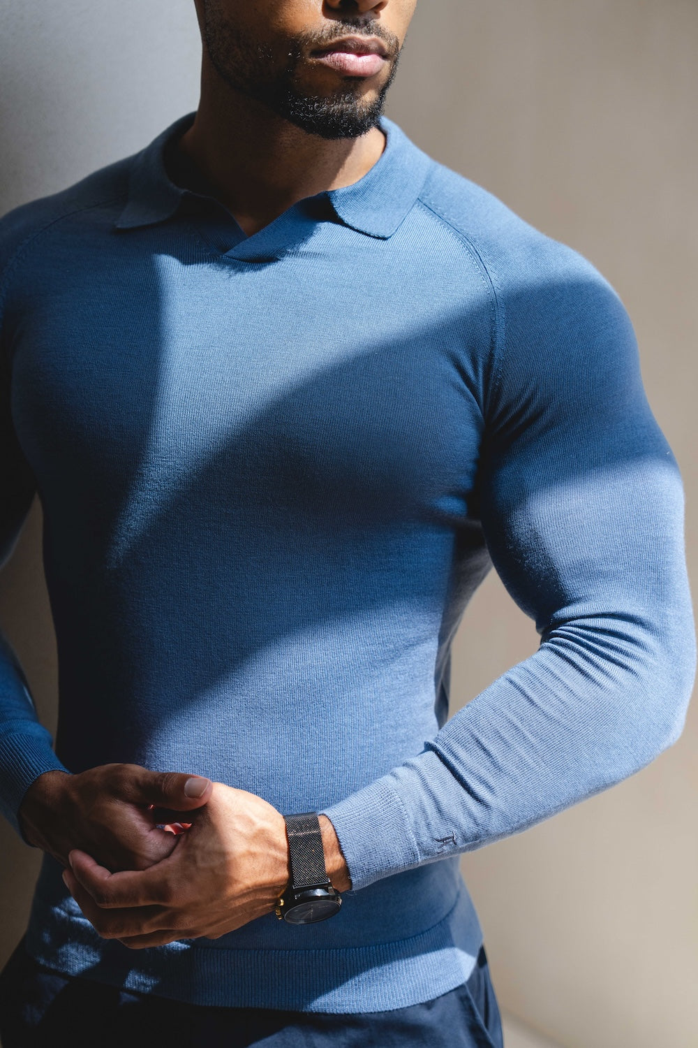 Extra Fine Merino Wool Open Collar Polo Shirt in Airforce Blue