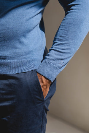 Extra Fine Merino Wool Open Collar Polo Shirt in Airforce Blue