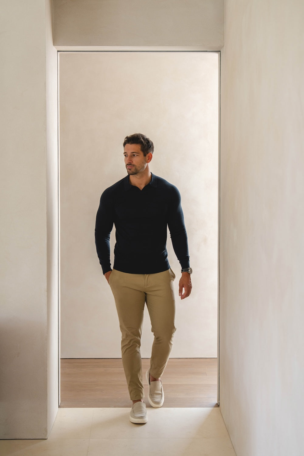 Extra Fine Merino Wool Open Collar Polo Shirt in Navy
