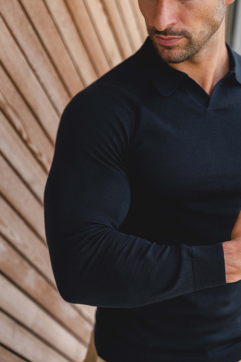 Extra Fine Merino Wool Open Collar Polo Shirt in Navy