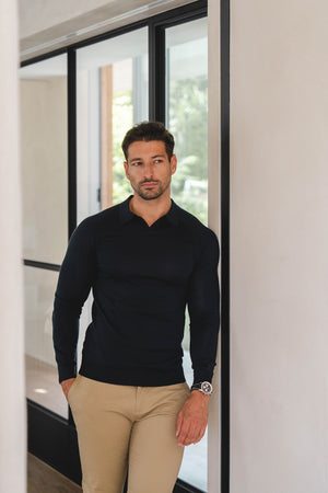 Extra Fine Merino Wool Open Collar Polo Shirt in Navy