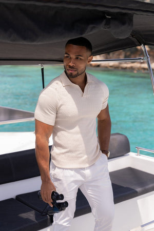 Fine Cable Knitted Polo Shirt in Ecru - TAILORED ATHLETE - ROW