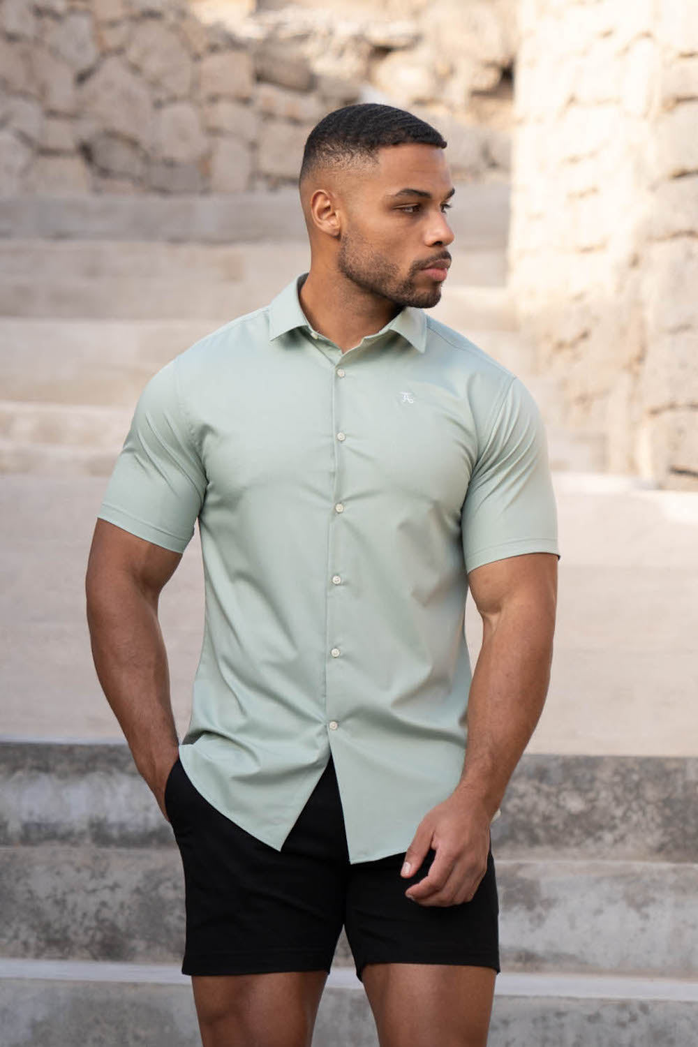 Muscle Fit Short Sleeve Bamboo Shirt in Soft Sage - TAILORED ATHLETE - ROW