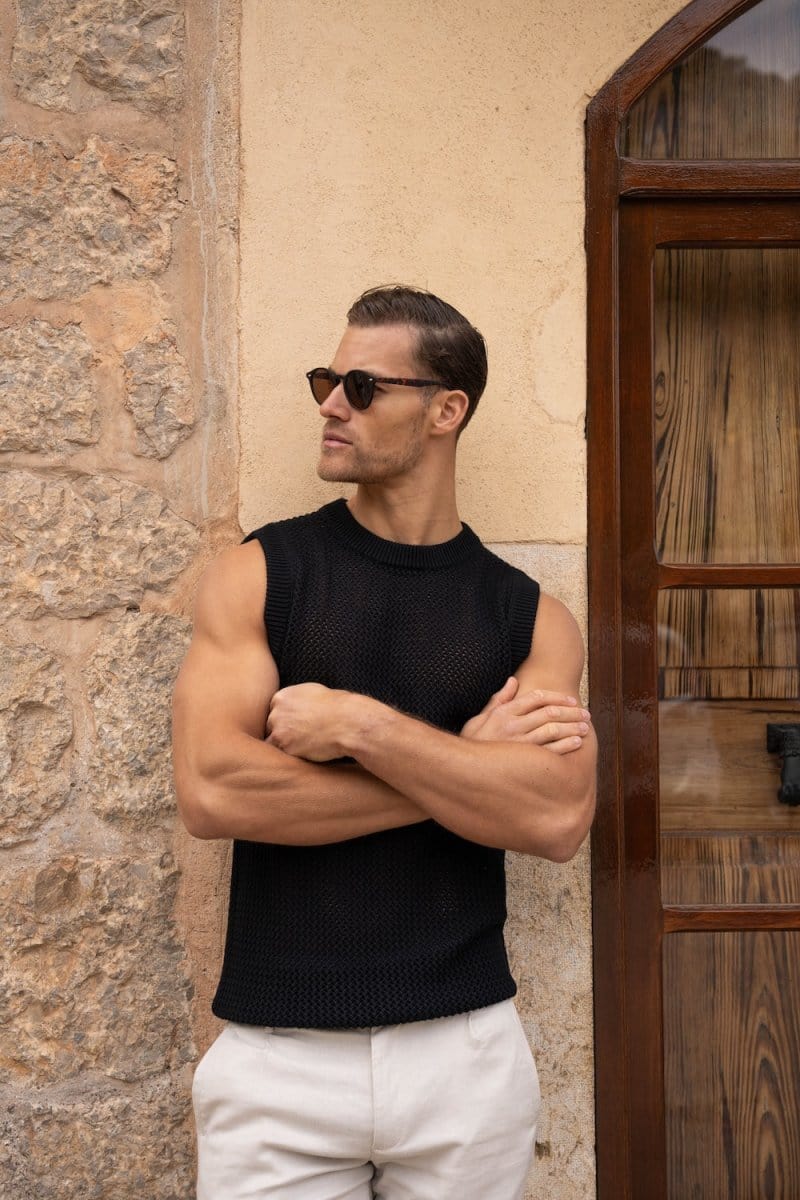 Crochet Knitted Vest in Black - TAILORED ATHLETE - ROW