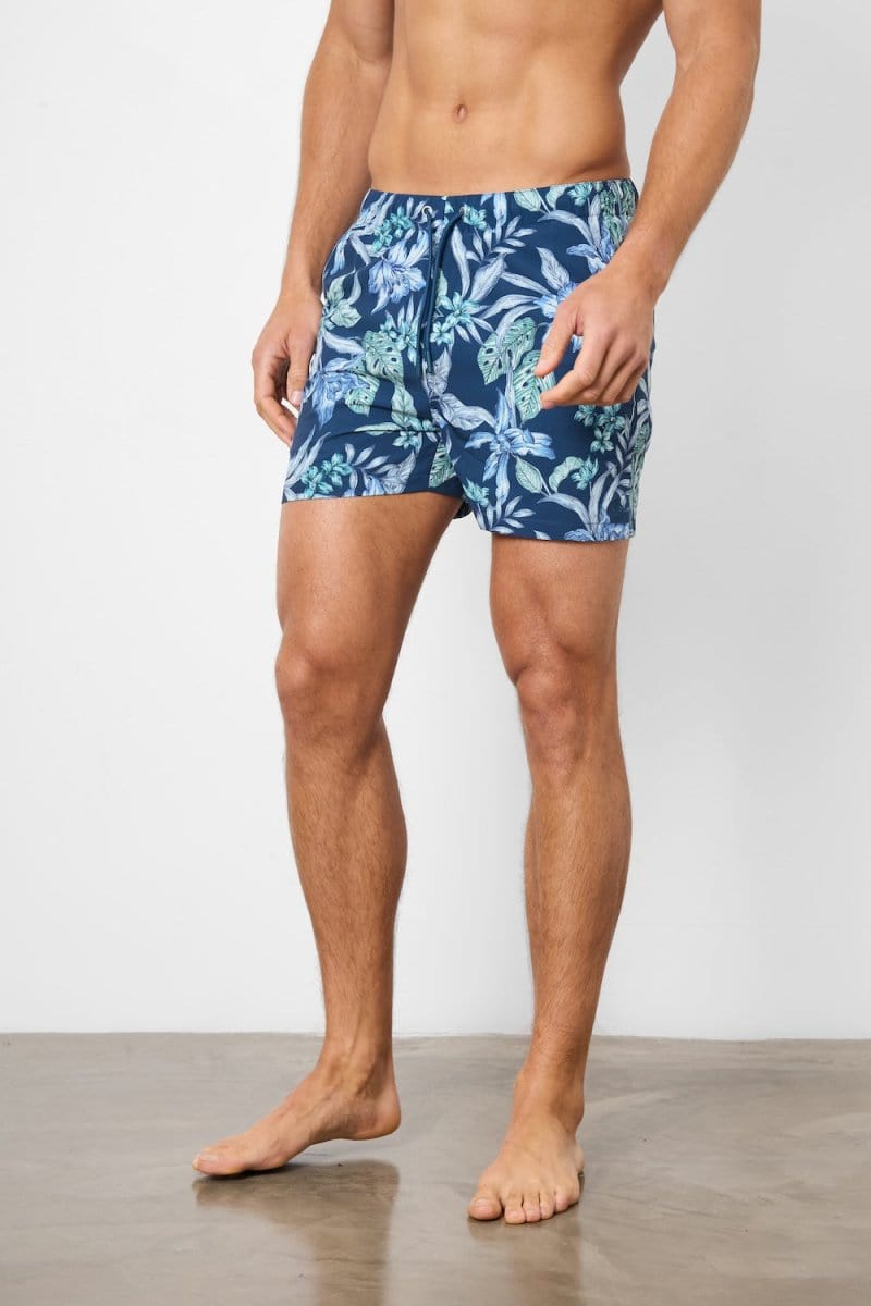 Printed Swim Short In Navy/Aqua Tropical Floral - TAILORED ATHLETE - ROW