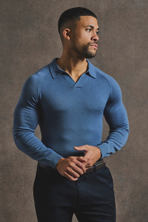 Extra Fine Merino Wool Open Collar Polo Shirt in Airforce Blue