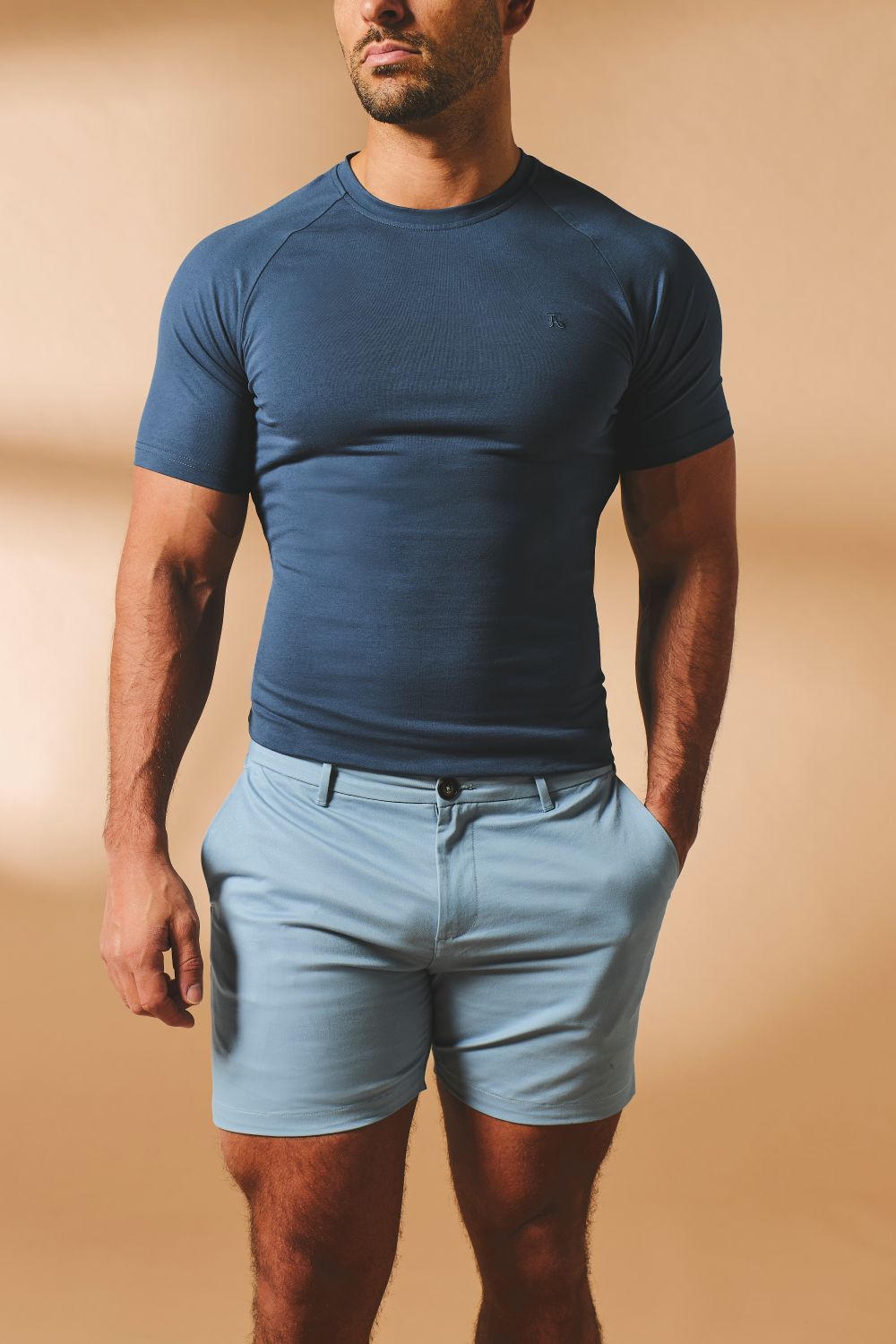 Muscle Fit Chino Shorts - Shorter Length in Light Blue