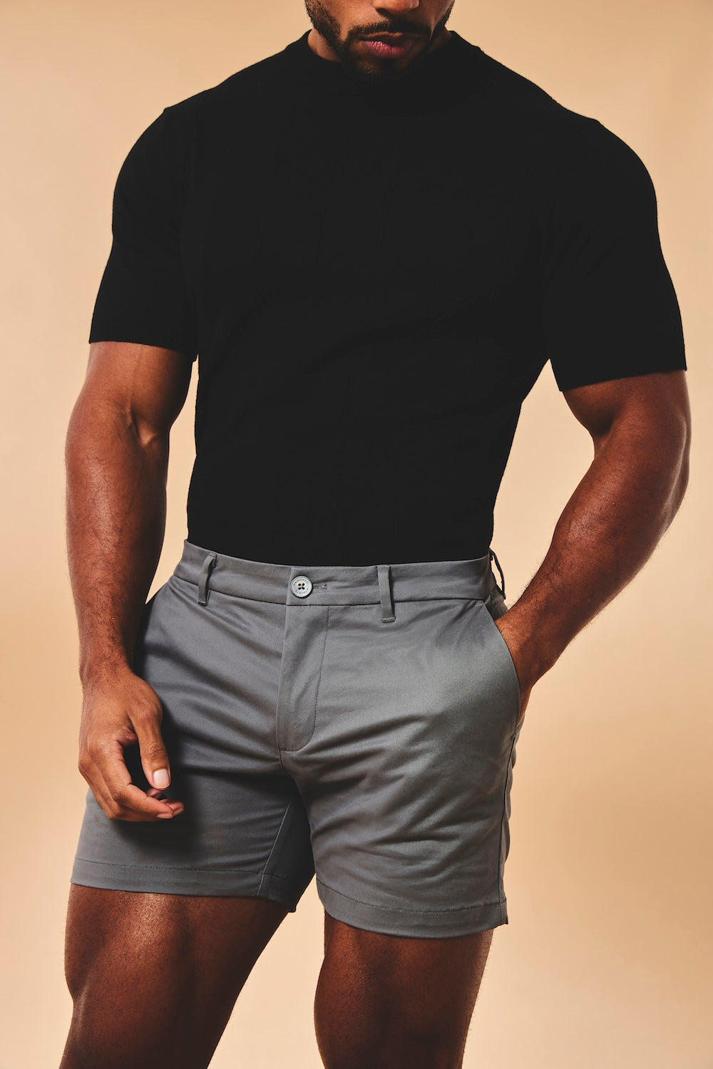 Muscle Fit Chino Shorts-Shorter Length in Dark Pewter