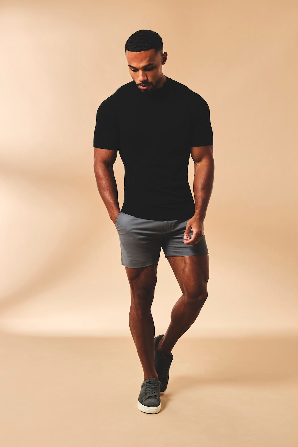 Muscle Fit Chino Shorts-Shorter Length in Dark Pewter