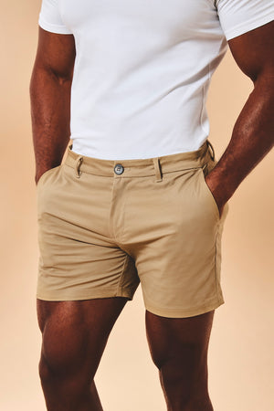 Muscle Fit Stretch Chino Shorts-Shorter Length in Dark Stone