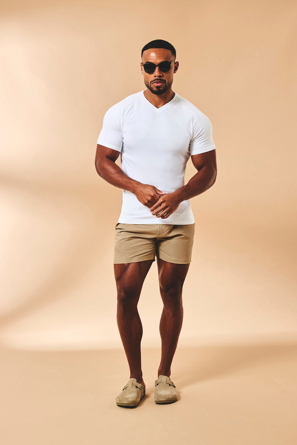 Muscle Fit Stretch Chino Shorts-Shorter Length in Dark Stone