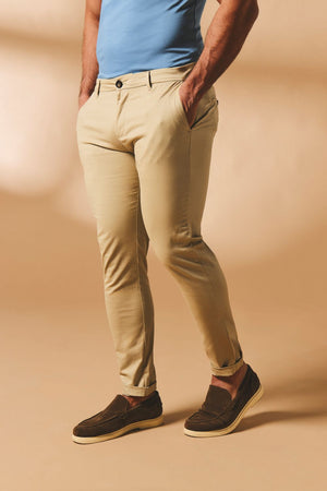 Muscle Fit Cotton Stretch Chino Trouser in Stone