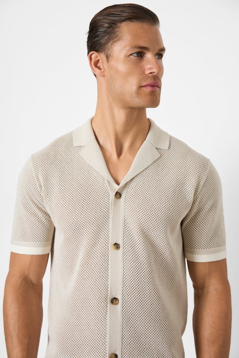 Open Stitch Cuban Collar Knitted Shirt in Stone - TAILORED ATHLETE - ROW
