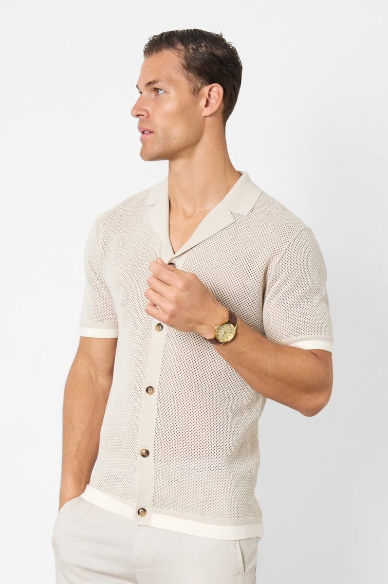 Open Stitch Cuban Collar Knitted Shirt in Stone - TAILORED ATHLETE - ROW