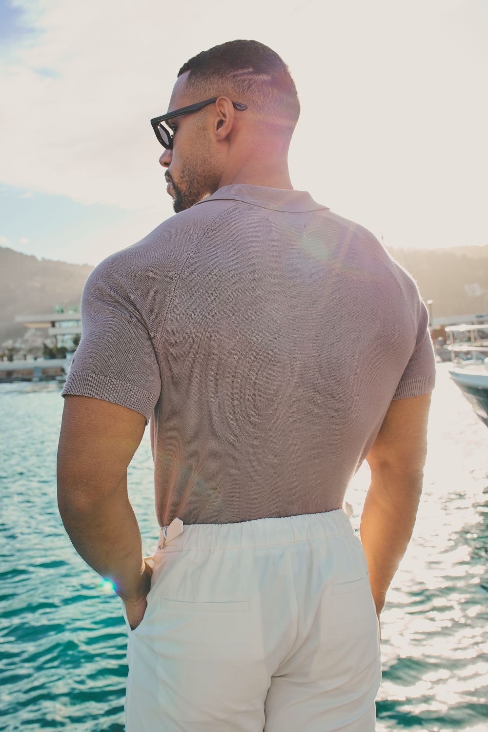 Open Collar Knitted Polo Shirt in Dusty Rose