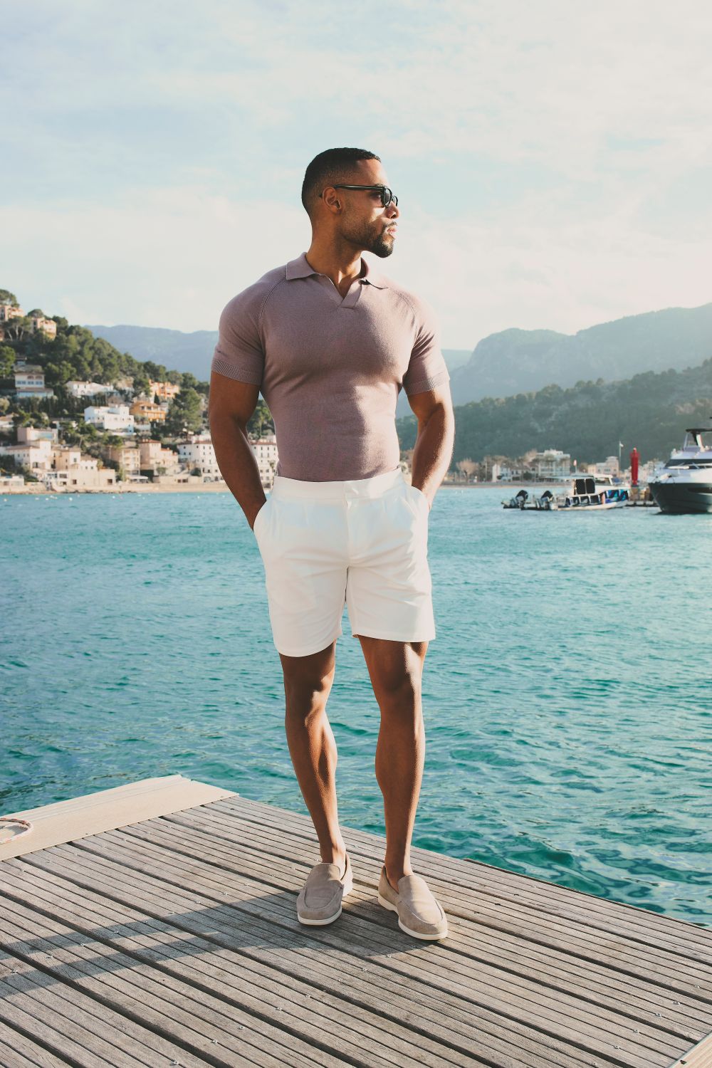 Open Collar Knitted Polo Shirt in Dusty Rose