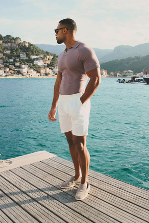 Open Collar Knitted Polo Shirt in Dusty Rose