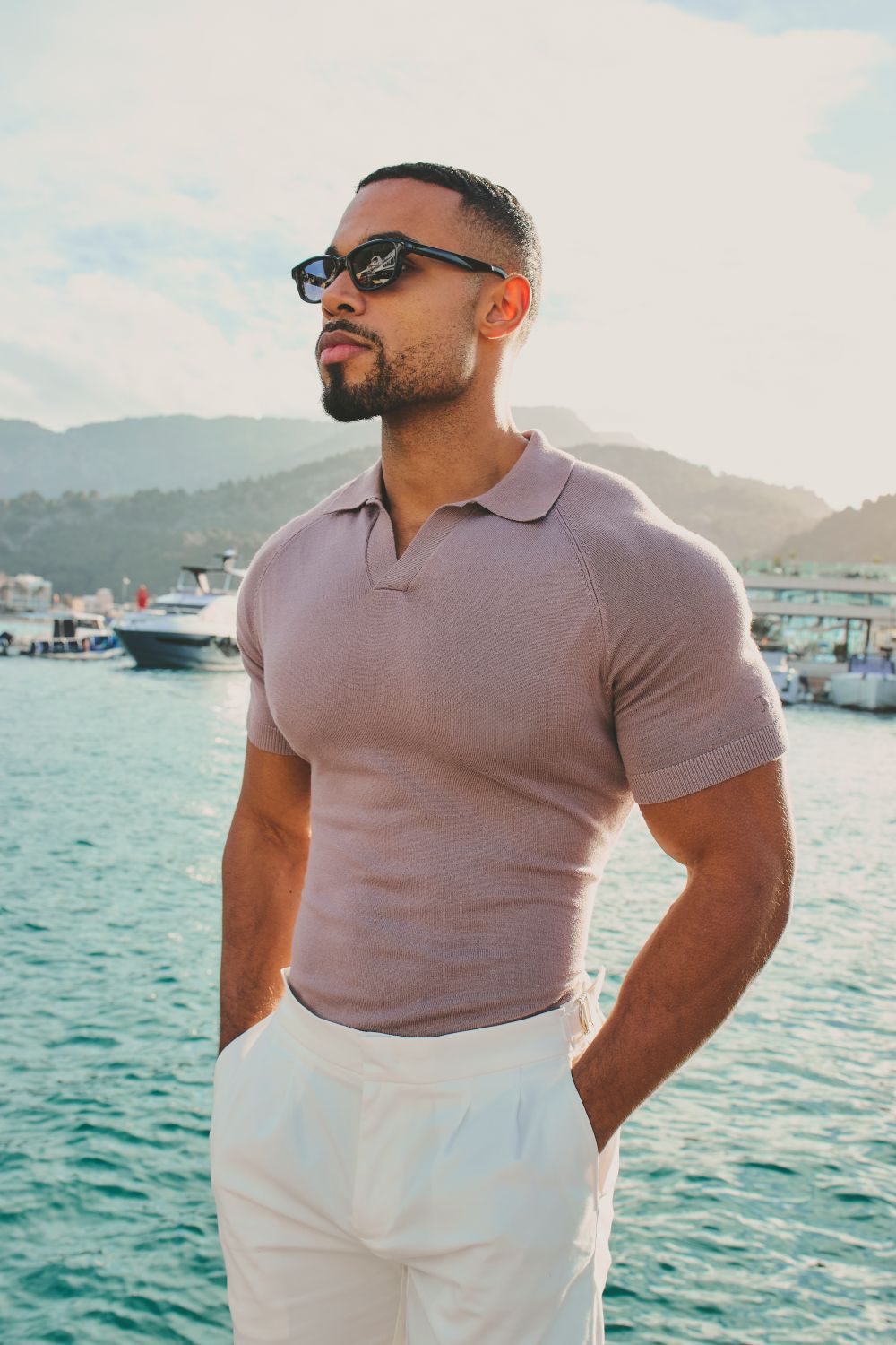 Open Collar Knitted Polo Shirt in Dusty Rose