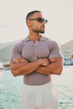 Open Collar Knitted Polo Shirt in Dusty Rose