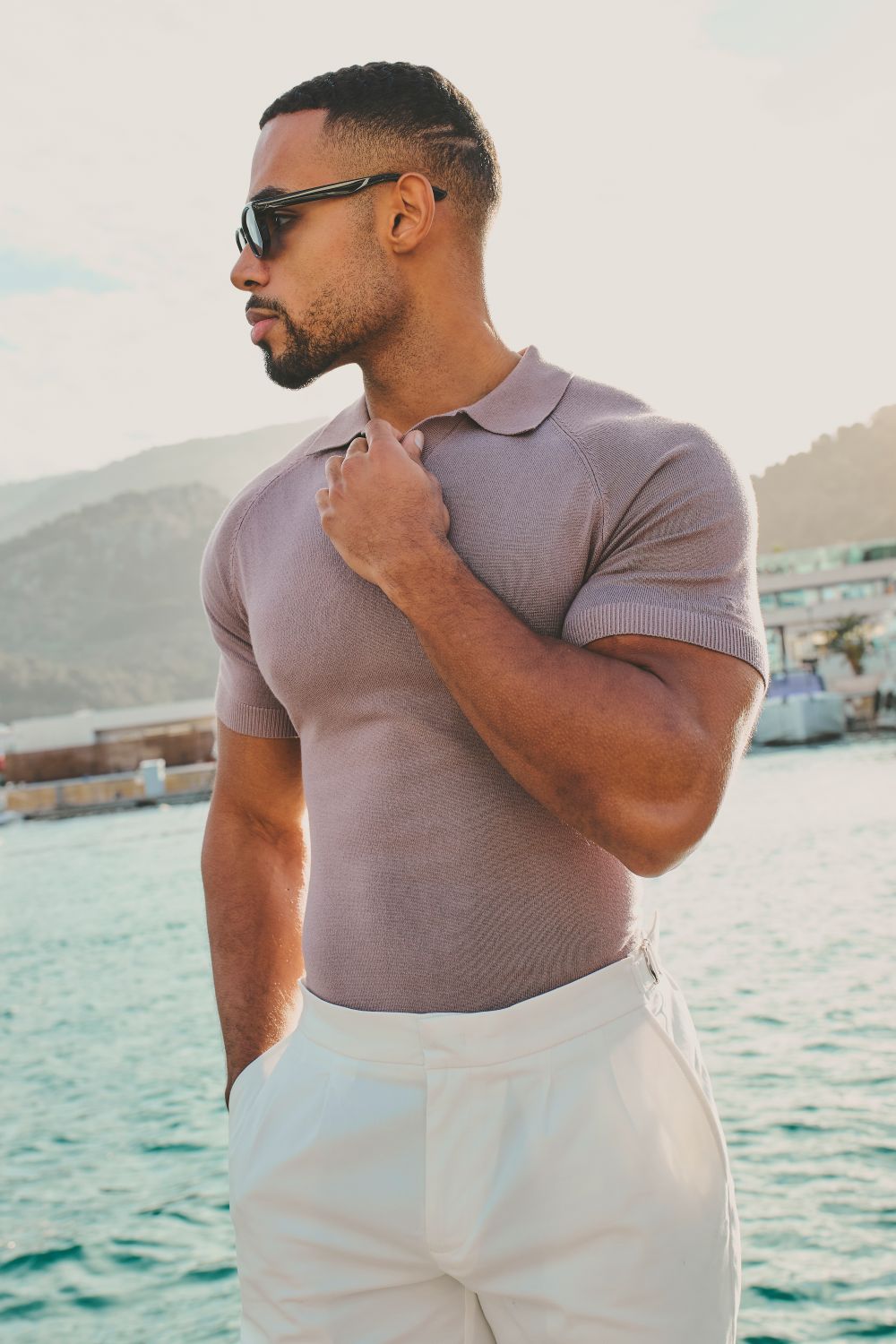 Open Collar Knitted Polo Shirt in Dusty Rose