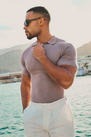 Open Collar Knitted Polo Shirt in Dusty Rose