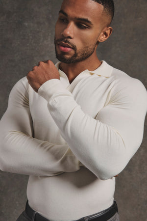Open Collar Knitted Polo Shirt in Winter White