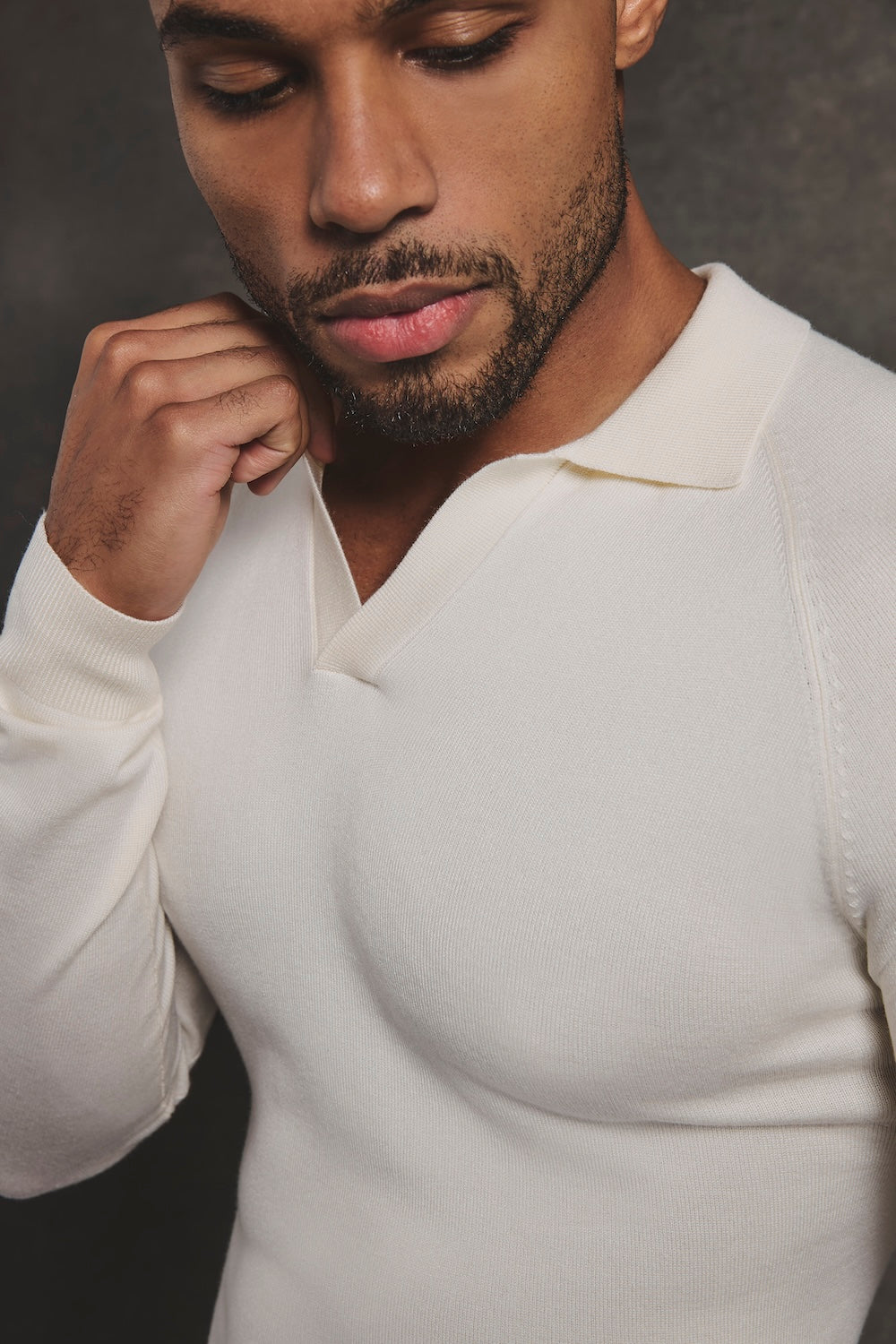 Open Collar Knitted Polo Shirt in Winter White