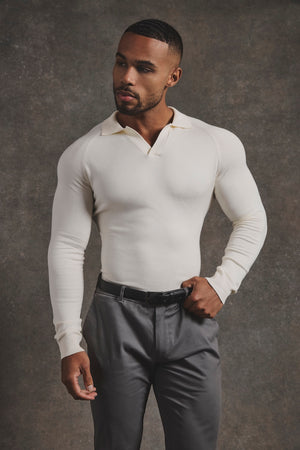 Open Collar Knitted Polo Shirt in Winter White
