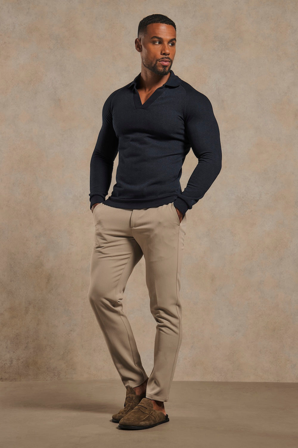 Textured Buttonless Polo Shirt in Navy
