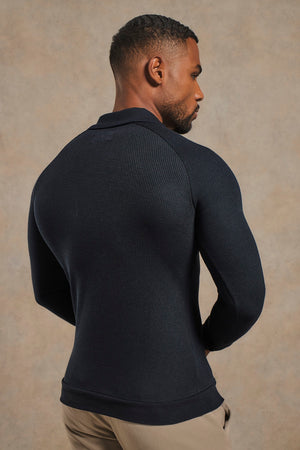 Textured Buttonless Polo Shirt in Navy