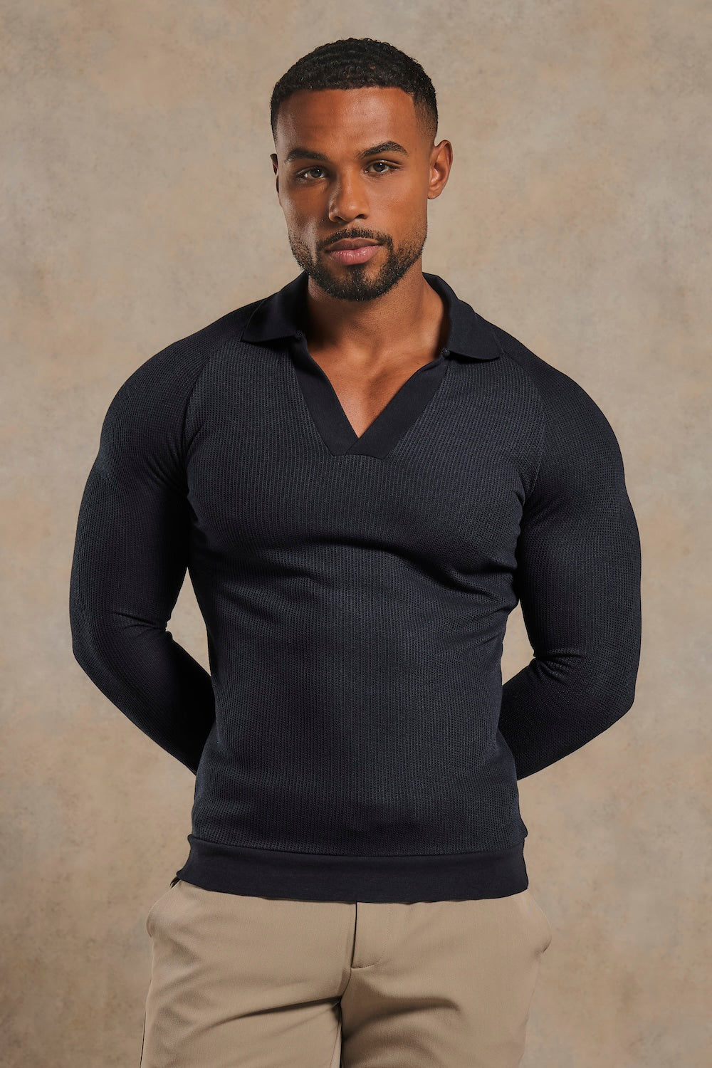 Textured Buttonless Polo Shirt in Navy