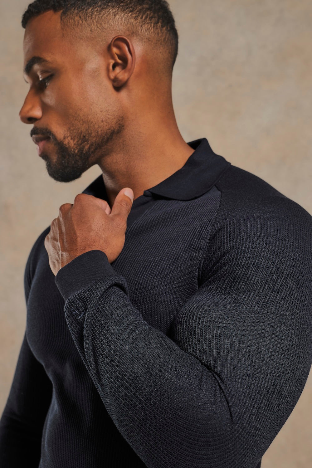 Textured Buttonless Polo Shirt in Navy