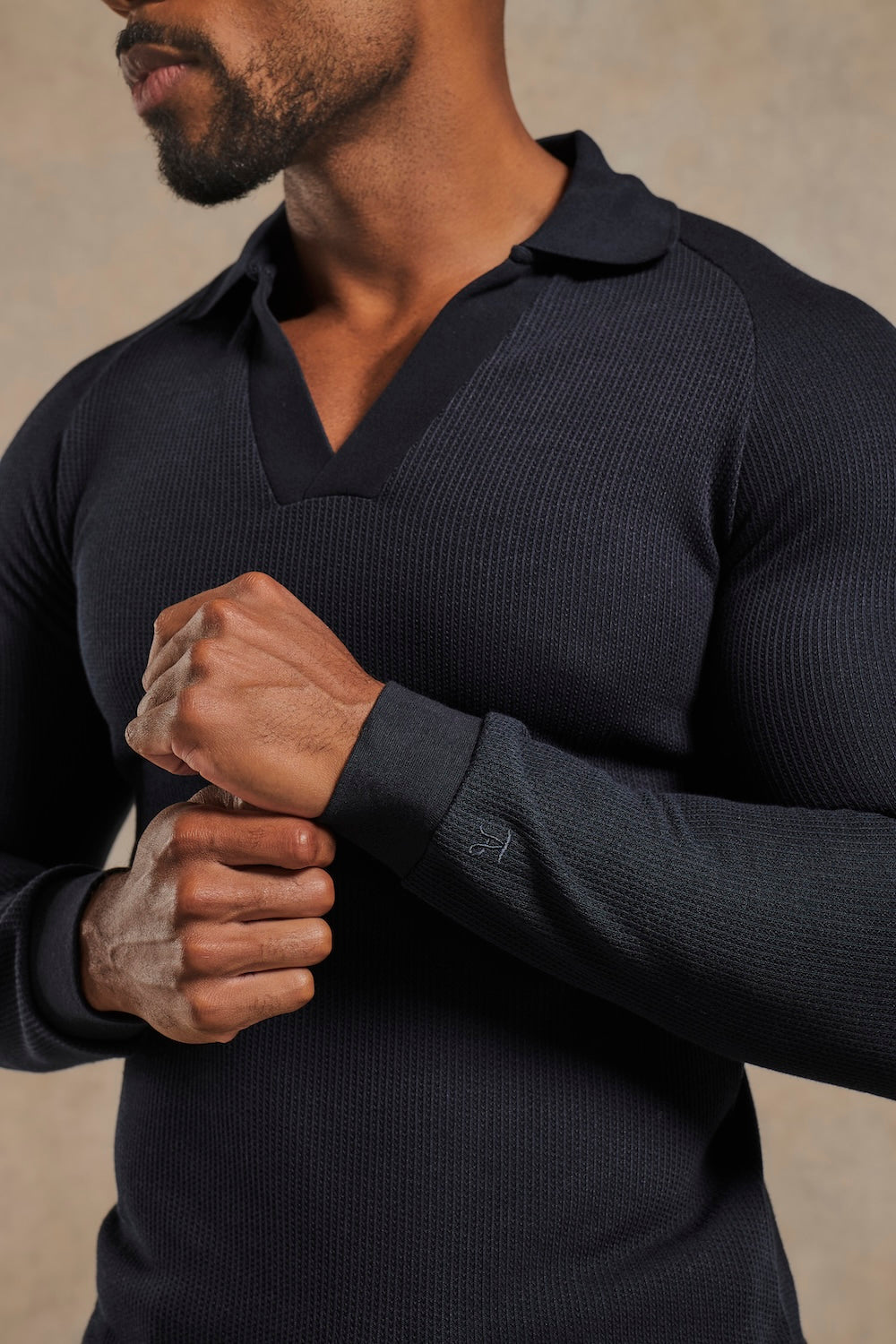 Textured Buttonless Polo Shirt in Navy