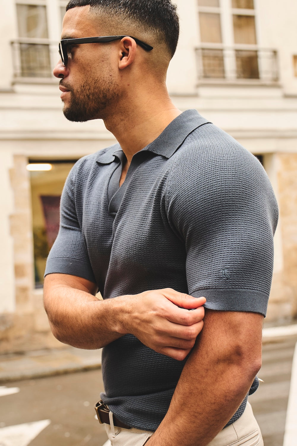 Textured Knitted Open Collar Polo Shirt in Slate Blue