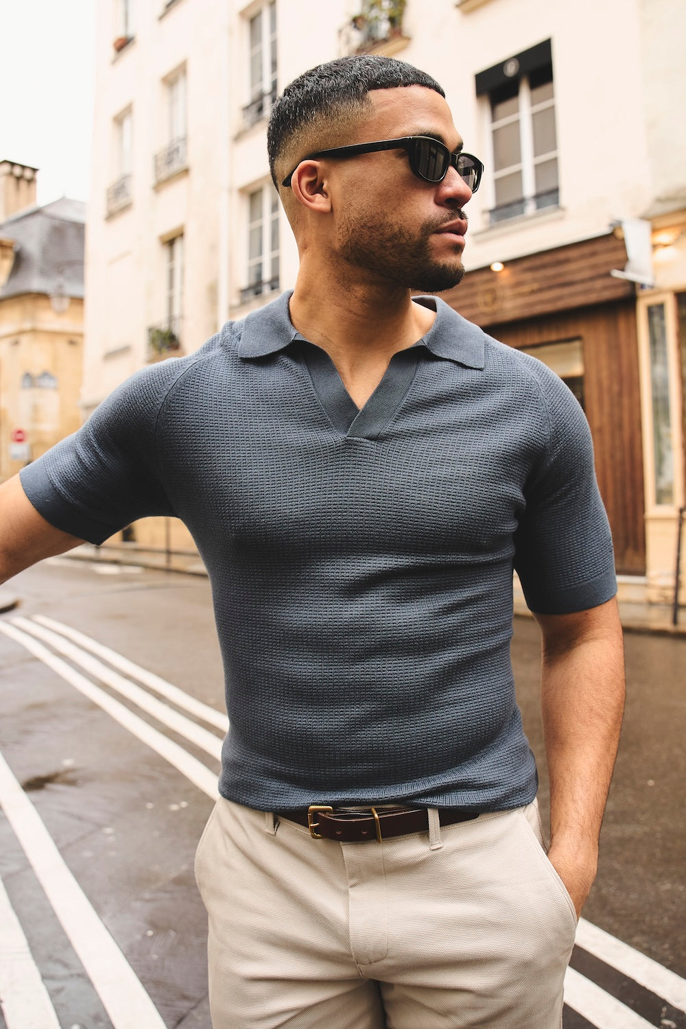 Textured Knitted Open Collar Polo Shirt in Slate Blue