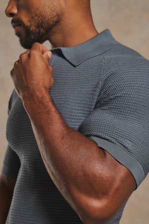 Textured Knitted Open Collar Polo Shirt in Dark Graphite