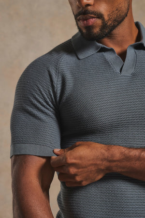 Textured Knitted Open Collar Polo Shirt in Dark Graphite