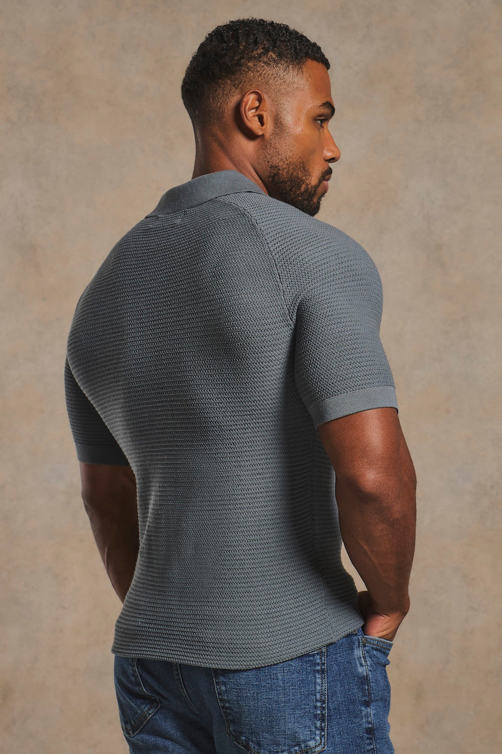 Textured Knitted Open Collar Polo Shirt in Dark Graphite