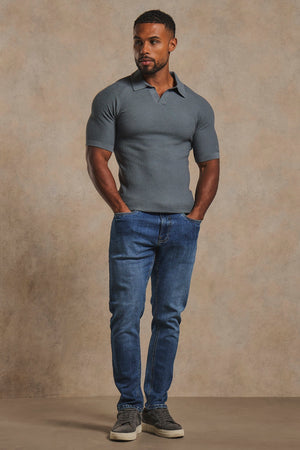 Textured Knitted Open Collar Polo Shirt in Dark Graphite